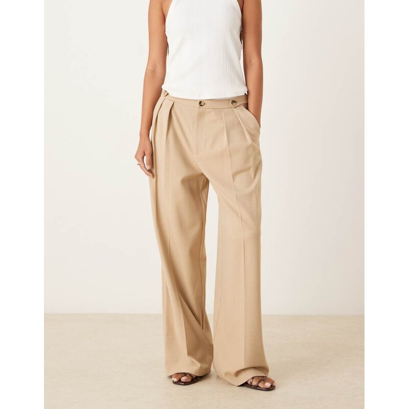 ASOS DESIGN tailored wide leg trousers with tab detail trousers in sand-Neutral