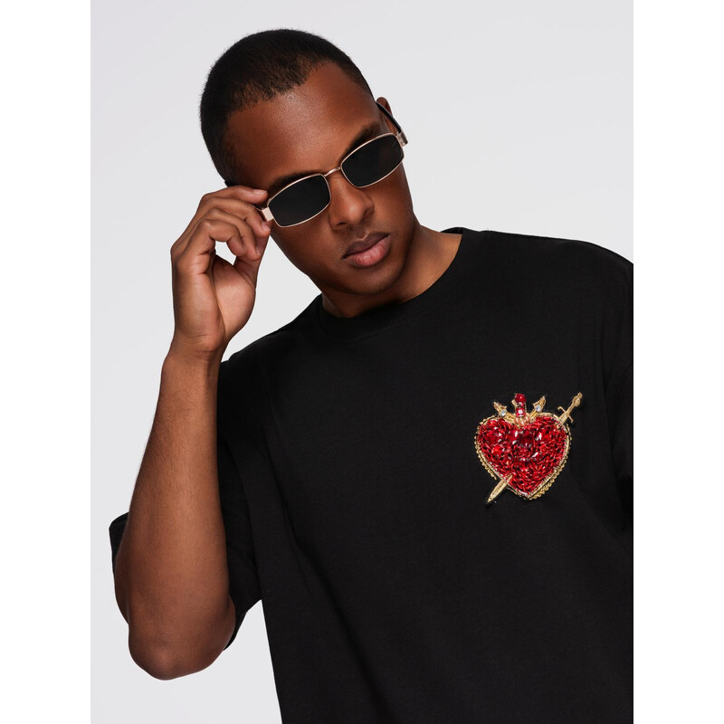 Ombre Mens cotton T-shirt with jewelry applique on chest - black