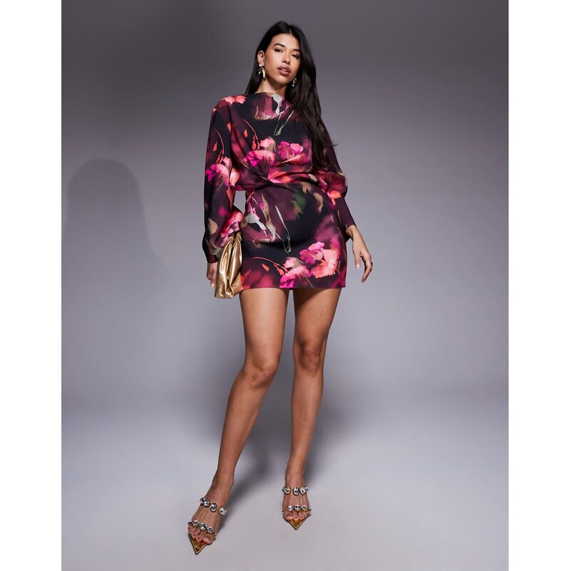 ASOS DESIGN long sleeve tucked waist bias mini dress in dark