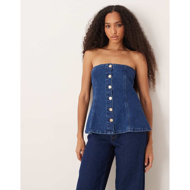 ASOS DESIGN denim button through bandeau top with gold buttons
