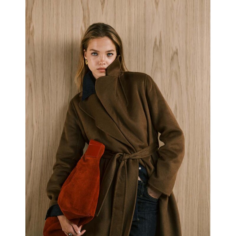 Mango wool mix longline tie waist coat in brown-Neutral 108839611