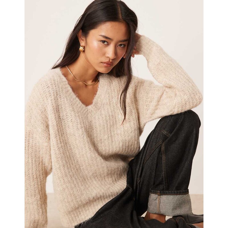 Vila fluffy knitted v neck oversized jumper in cream-White