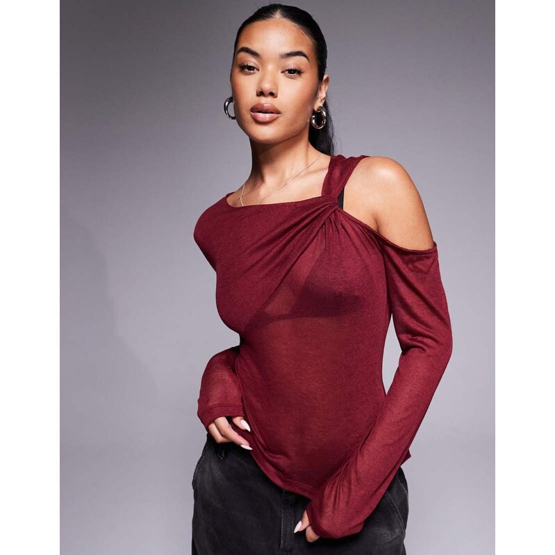 ASOS DESIGN knit-look semi sheer long sleeve top with drape cold
