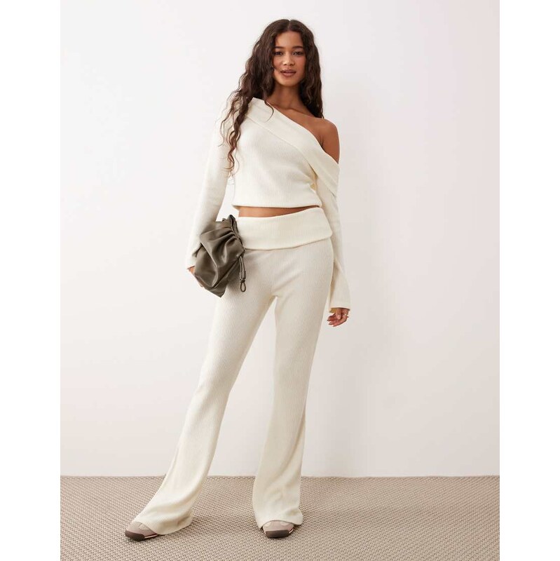 ASOS DESIGN Supersoft brushed rib wide leg trouser co-ord in white - WHITE