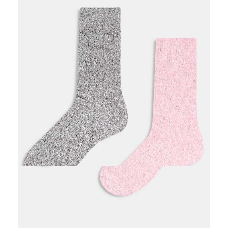 Brave Soul 2 pack fluffy socks in pink and grey-Multi 108850653