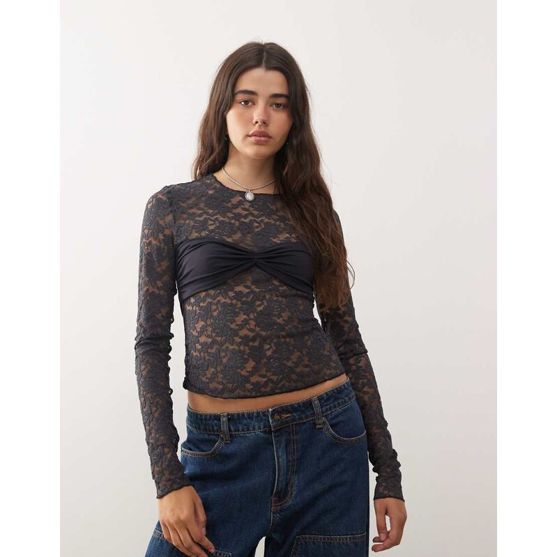 Lioness Midnight long sleeve sheer lace top in black 108850686
