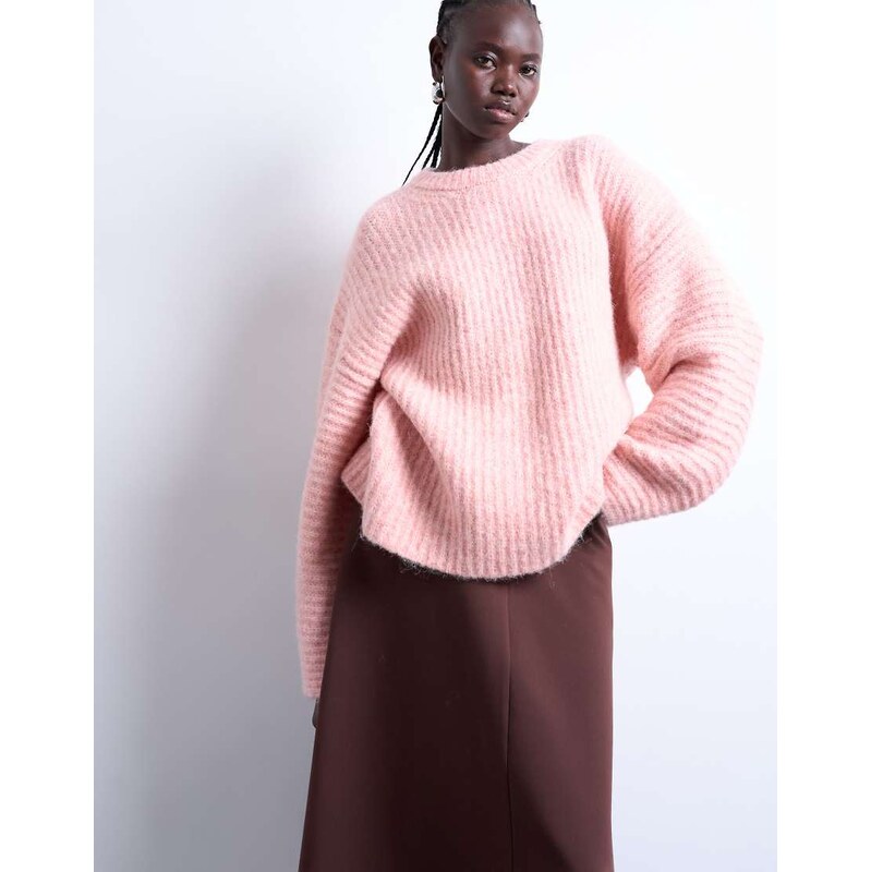 Topshop knitted ribbed balloon sleeve jumper in pink 109394353