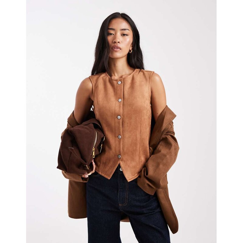 Miss Selfridge suedette waistcoat-Brown 108841009