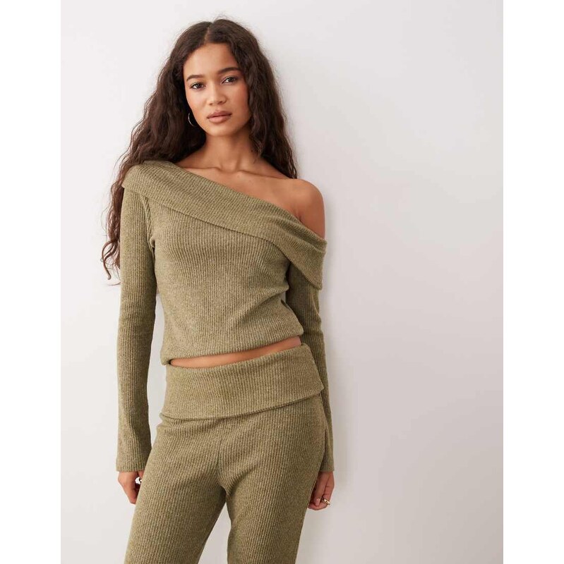 ASOS DESIGN Supersoft brushed rib long sleeve off shoulder top