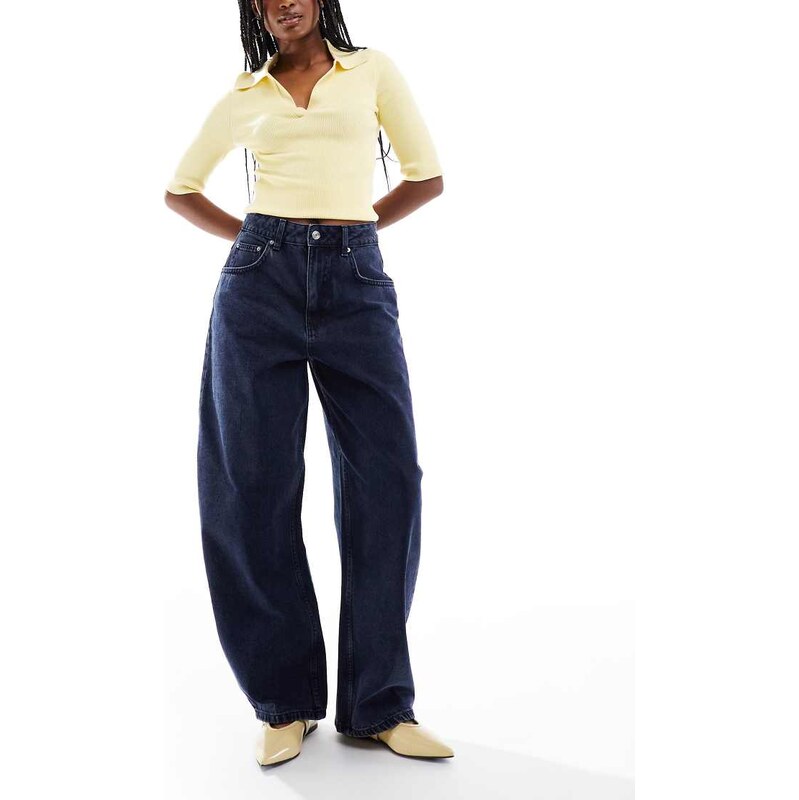 ASOS DESIGN high waisted barrel leg jeans in blue black-Navy