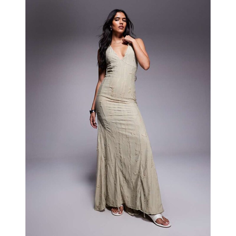 ASOS DESIGN textured laddered tie back maxi dress in stone-Green