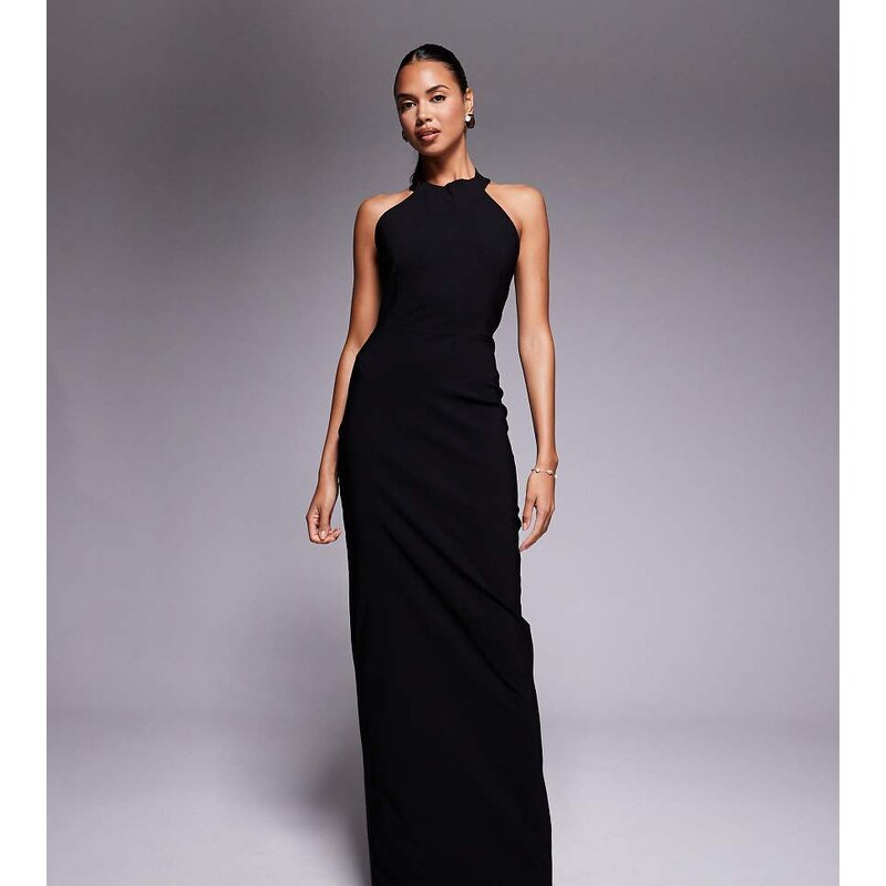 Vesper bengaline high scoop halterneck low back maxi dress in