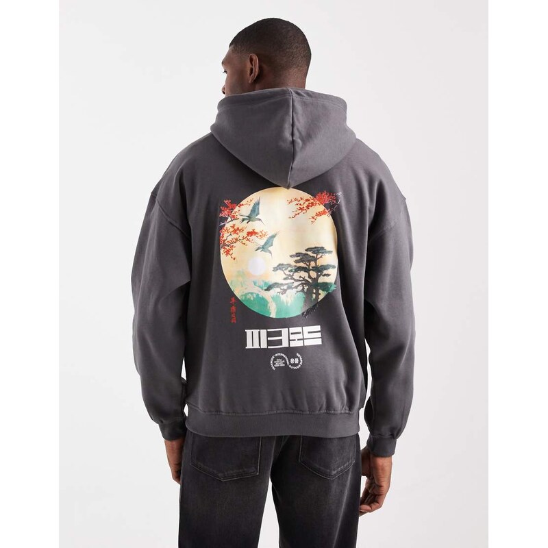 ONLY & SONS vintage fit hoodie with scene back print in charcoal