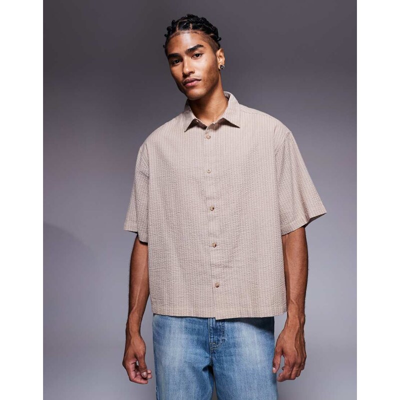 ASOS DESIGN boxy oversized seersucker stripe shirt in brown