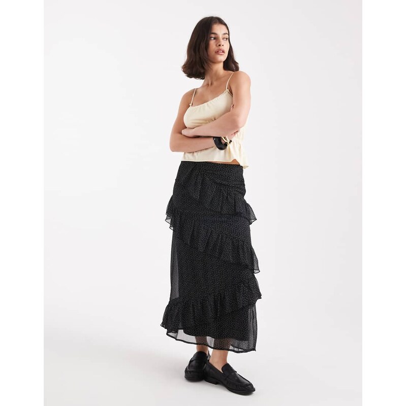 Wednesdays Girl tiered ruffle polka dot midaxi skirt in black
