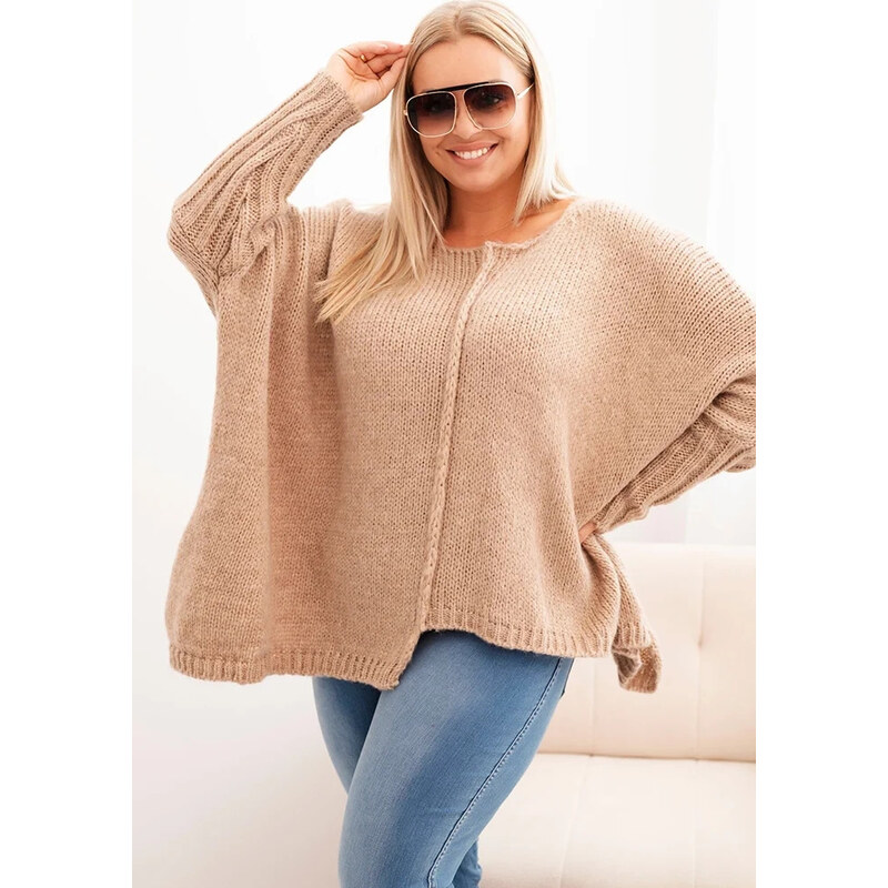 Kesi Camel dámský asymetrický plus size pletený svetr Béžová 108842517