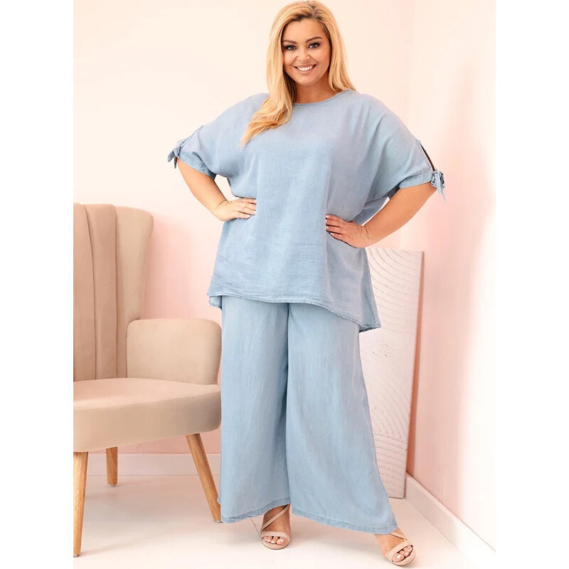 Kesi Světle modrá dámská plus size souprava halenky a širokých