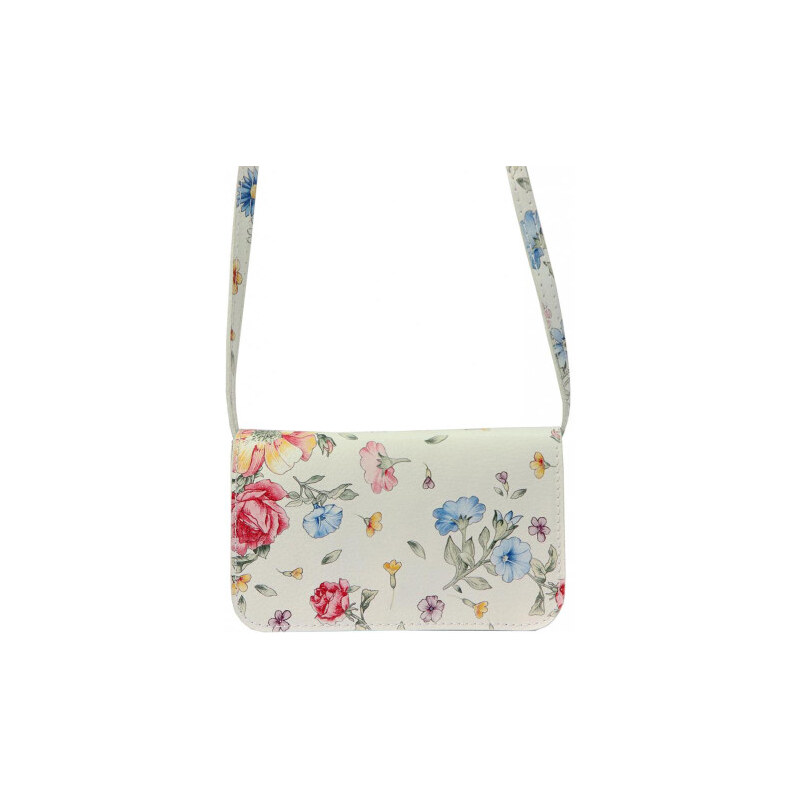 Vera Pelle Kožená bílá dámská podélná crossbody kabelka v motivu květů 108696454