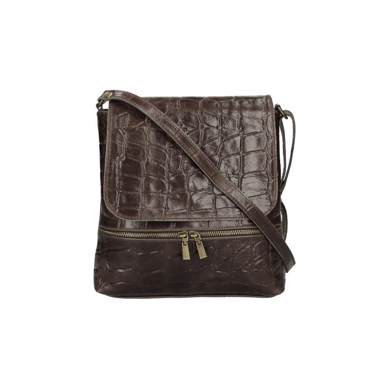 BORSE IN PELLE Kožená dámská crossbody kabelka v kroko designu tmavě 108696683