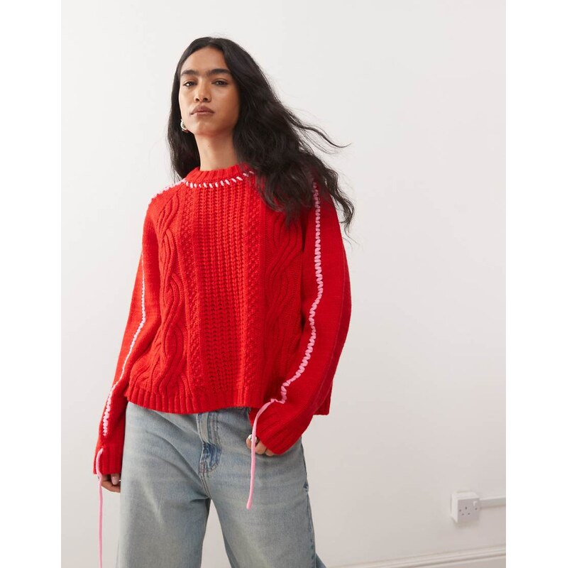 COLLUSION heavy cable knitted jumper-Red