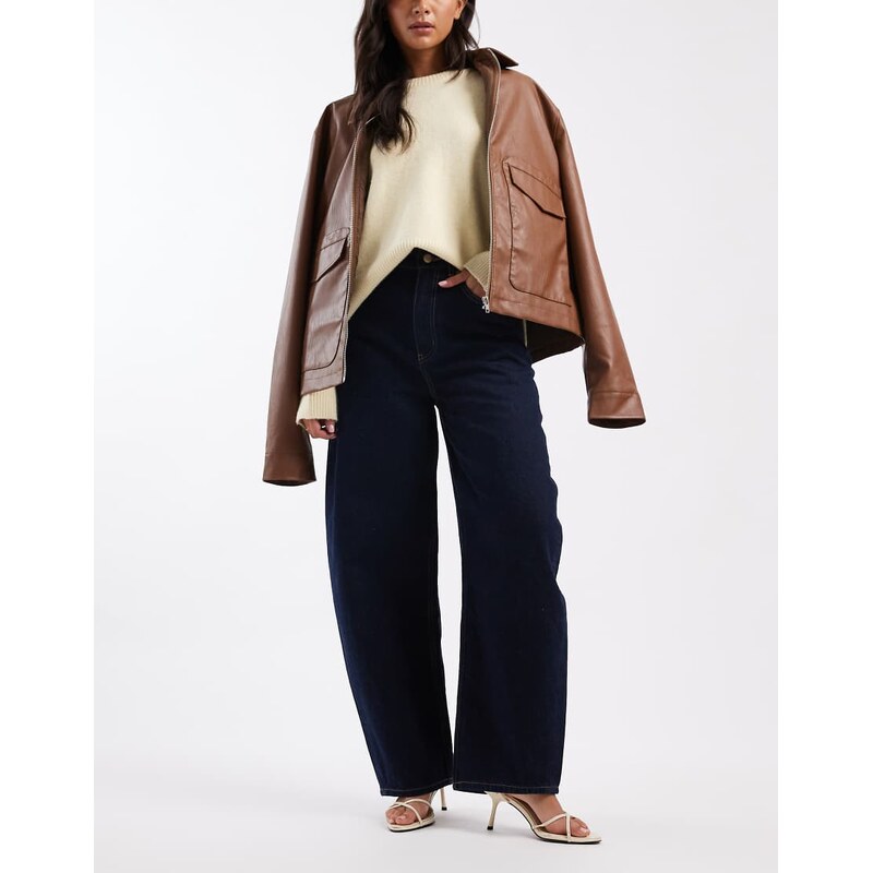 ASOS DESIGN high waisted barrel leg jeans in rinse-Navy