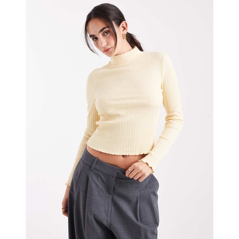 Miss Selfridge ribbed high neck top in buttermilk-Yellow 108850589
