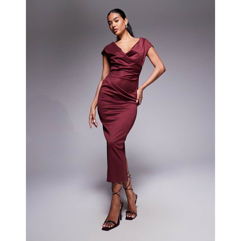 ASOS DESIGN structured midi dress with capped sleeve and draped cross front in dark berry