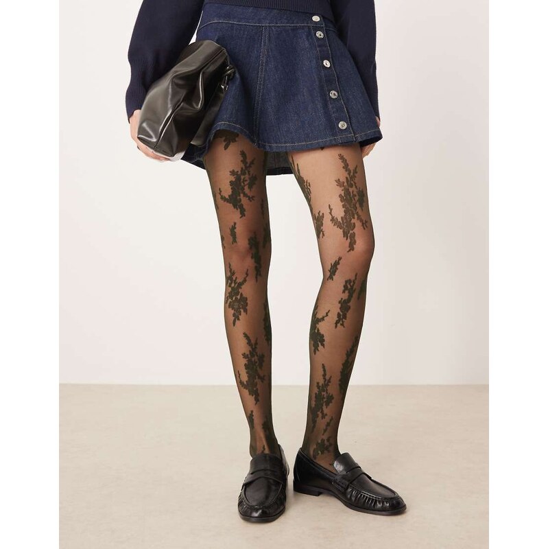 ASOS DESIGN abstract large floral lace tights in dark green 108850619