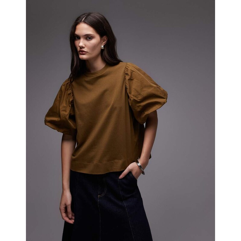 Allsaints puff sleeves t-shirt in brown-Green 108850632