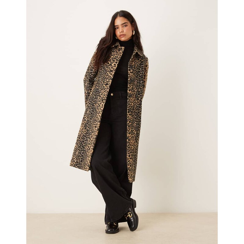 Mango wool mix tailored maxi coat in leopard print-Brown 108850718
