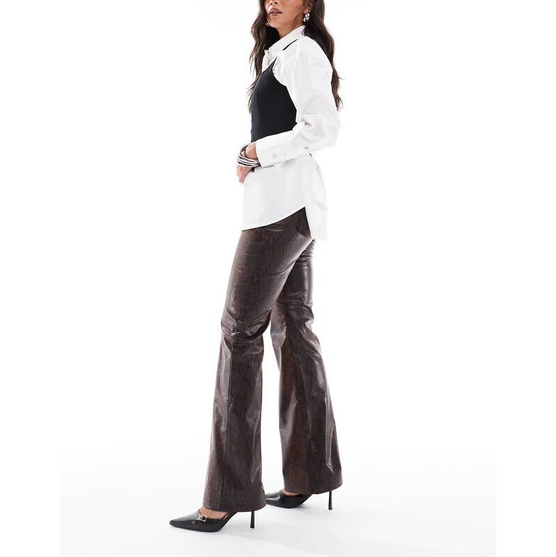 ASOS DESIGN tailored faux leather clean flare trousers in brown snake