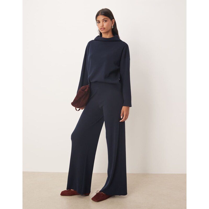 Mango knitted soft touch wide leg co-ord trousers in navy