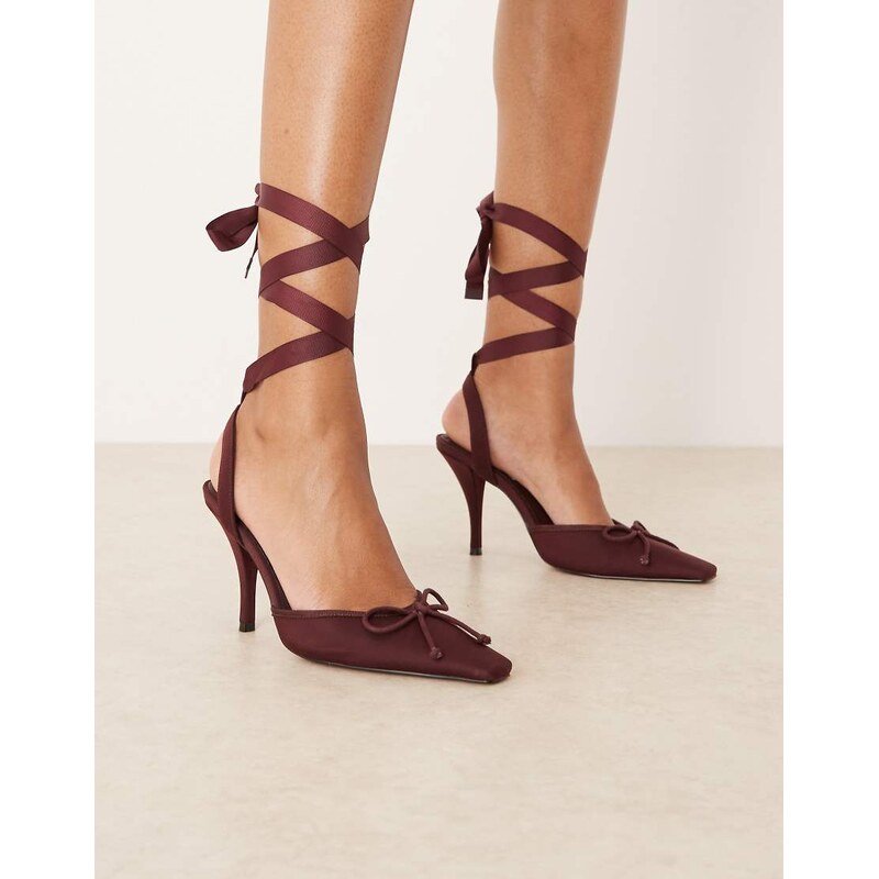 ASOS DESIGN Peony tie leg detail high heel shoes in plum satin-Purple 108896368