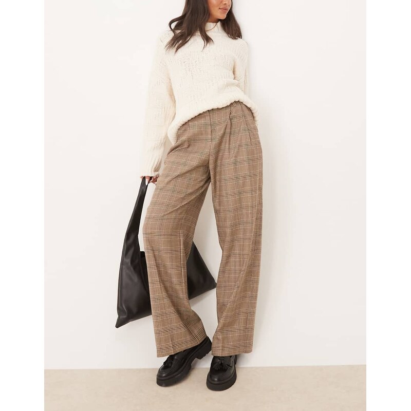 GANT checked pleated wool blend trousers in dark brown 109025416