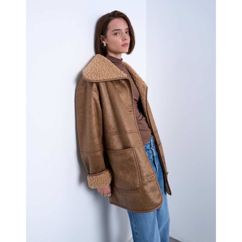 Topshop shearling oversized patch pocket mid length car coat in