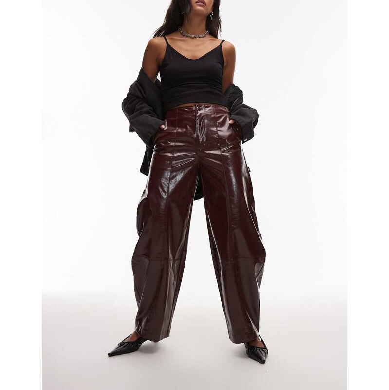 ASOS DESIGN faux leather barrel leg trousers with tab detail in 108857234