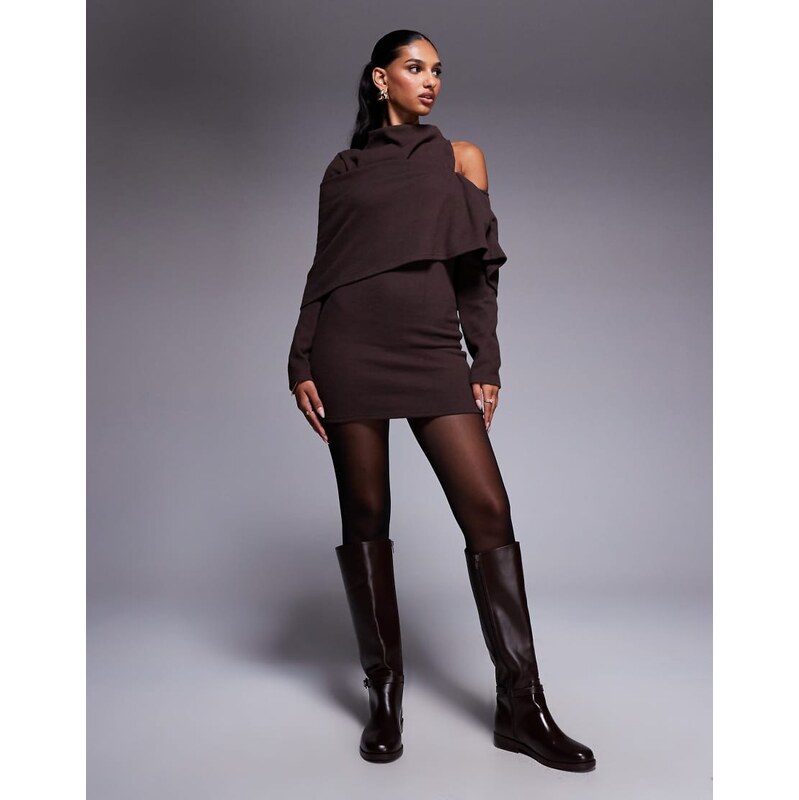 ASOS DESIGN supersoft slash neck draped overlay mini dress in chocolate brown-Neutral