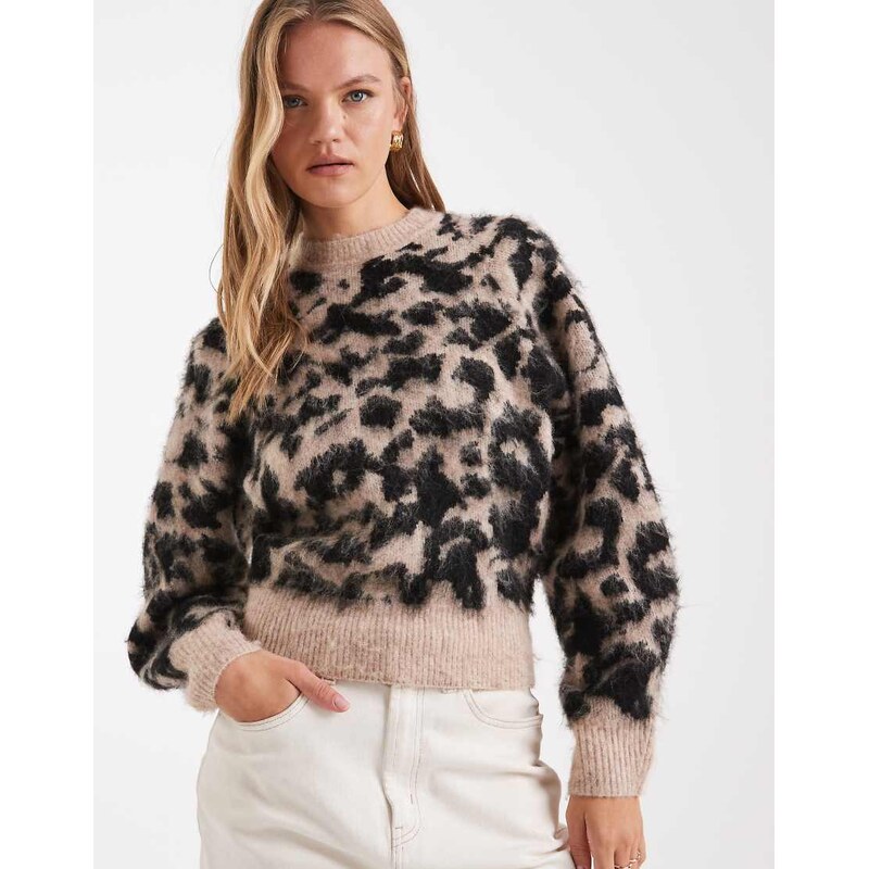 ASOS DESIGN raglan waisted brushed leopard jumper in brown