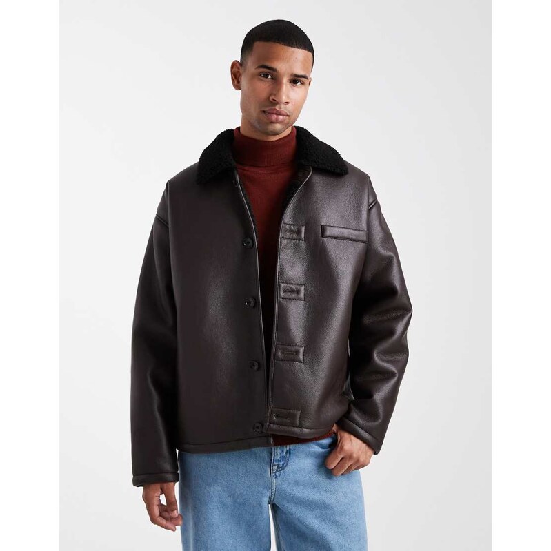 ASOS DESIGN aviator jacket with borg collar in brown