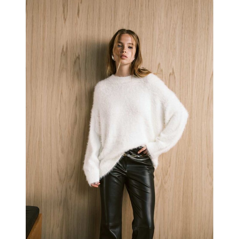 ASOS DESIGN knitted oversized jumper in eyelash yarn in cream