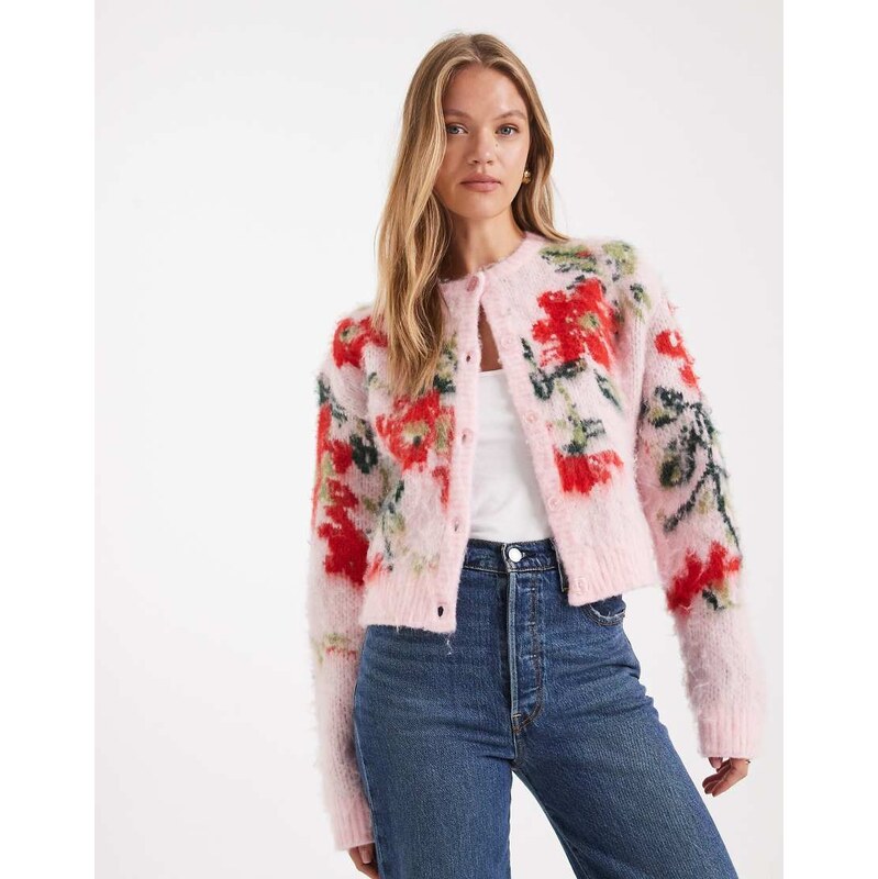 ASOS DESIGN brushed floral relaxed cardigan in pink