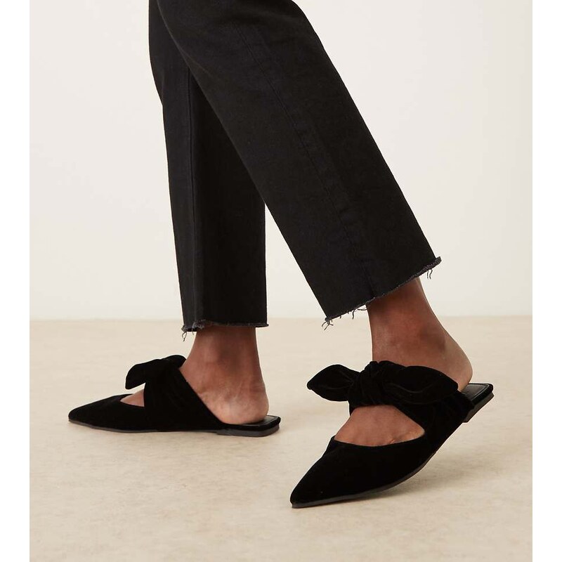 ASOS DESIGN Wide Fit Lunar bow detail mules in black velvet 115513725