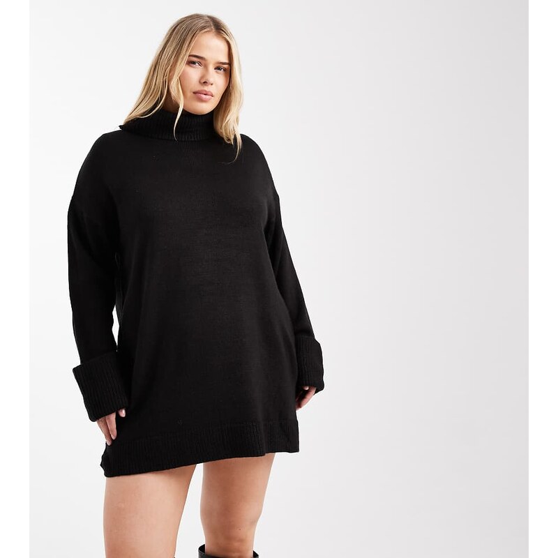 Brave Soul Plus high neck knitted jumper dress in black 109353622