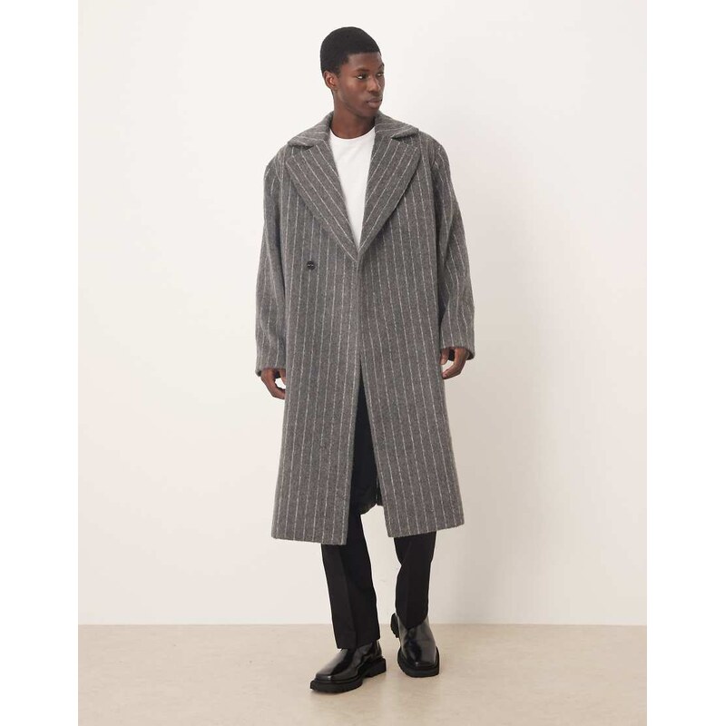 ASOS DESIGN oversized wool look overcoat in grey pinstripe