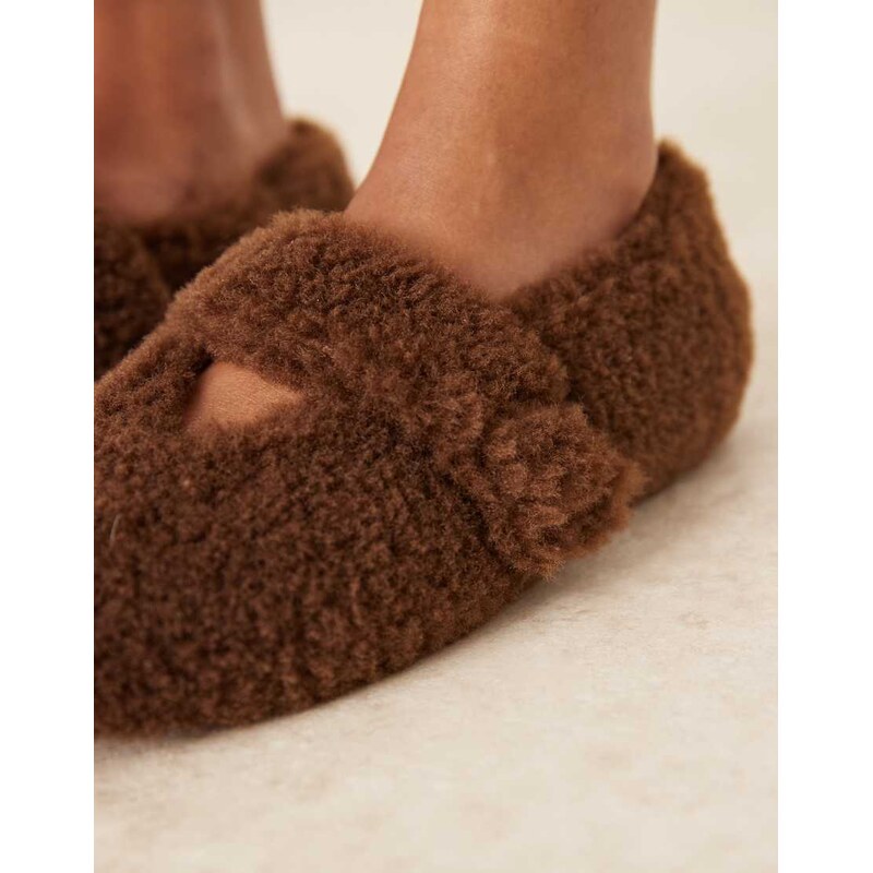 ASOS DESIGN Zinnia borg ballet slipper in chocolate-Brown