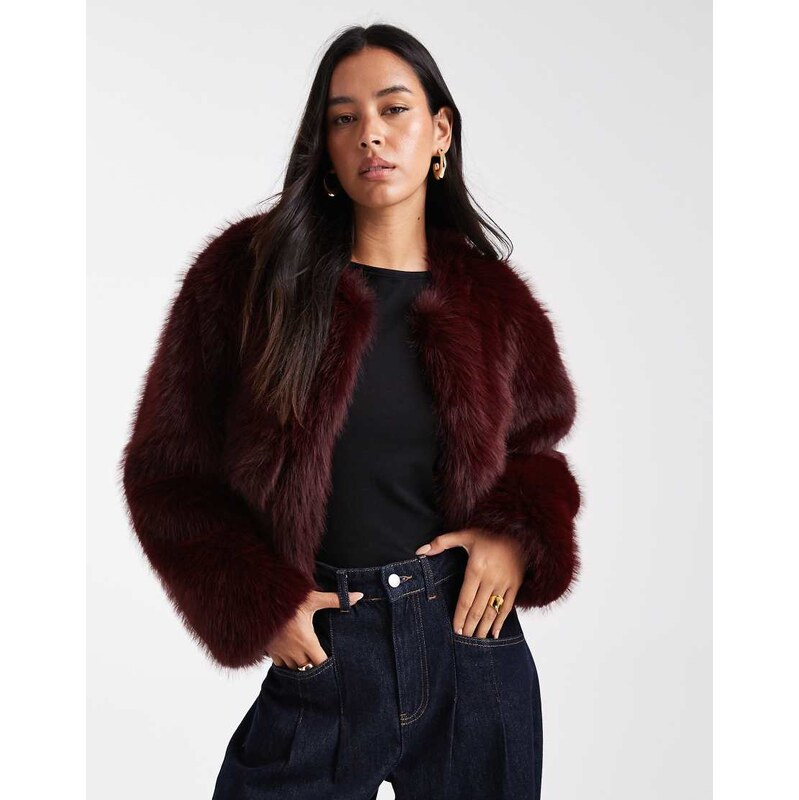 4th & Reckless faux fur cropped collarless jacket in burgundy-Red 109486221