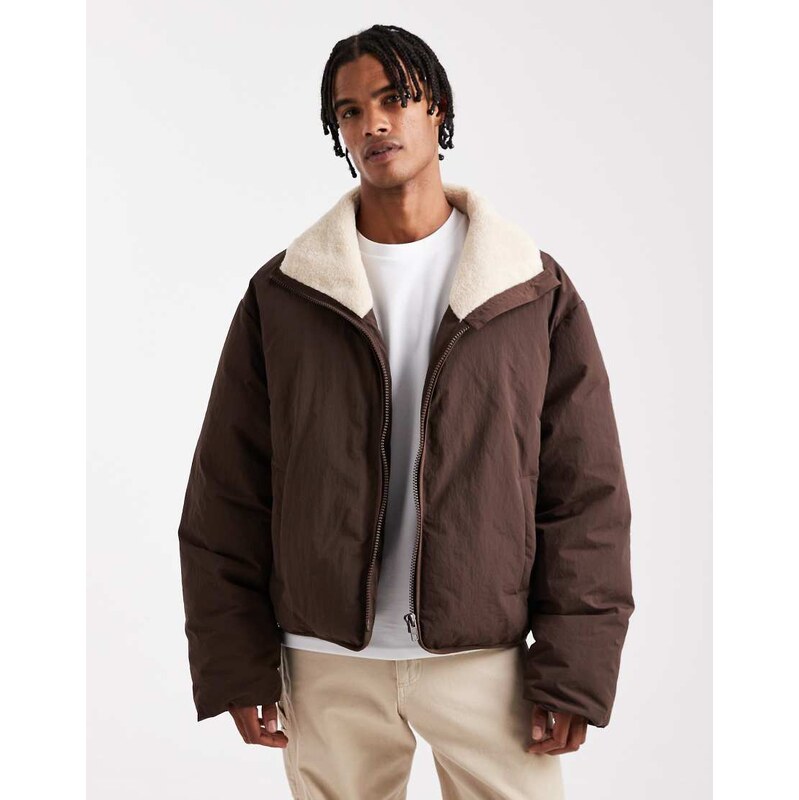 ASOS DESIGN borg lined puffer in brown 109362744