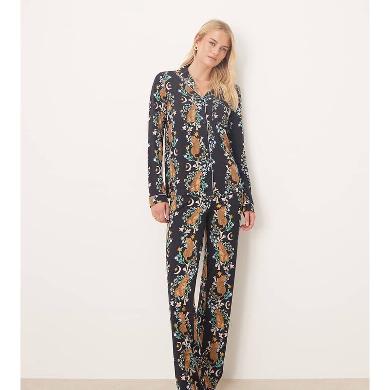 Chelsea Peers Tall poly long sleeve revere pyjama set in navy