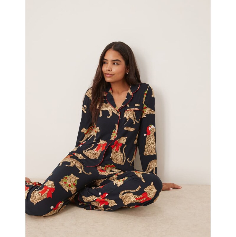 Chelsea Peers poly long sleeve revere pyjama set in Christmas leopard 109712789