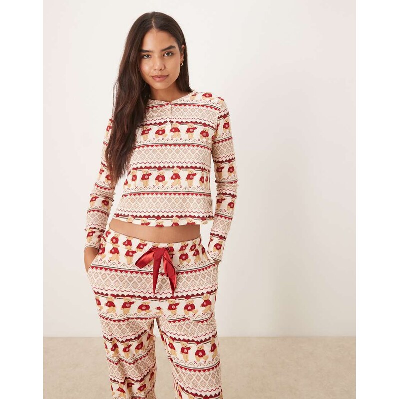 Chelsea Peers Christmas teddy fairisle henley and trouser pyjama set 109412773